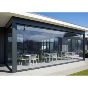 A close-up of the durable track system and charcoal mesh fabric of an Mblinds outdoor screen in New Zealand.