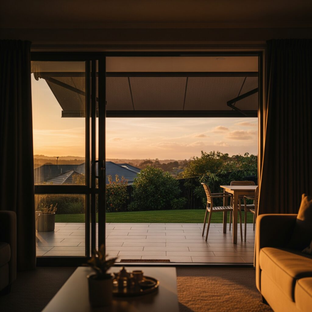 View from a living room in a New Zealand home, looking through an open door to a patio sheltered by a retractable awning at sunset.