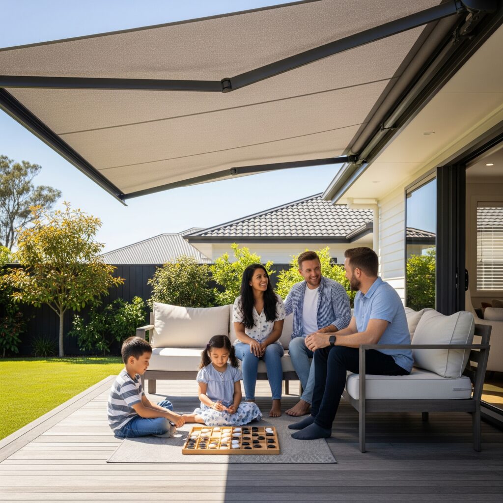 A table of technical specifications for the Mblinds premium retractable awning, including details on materials, operation, sizes, and the 5-year warranty.