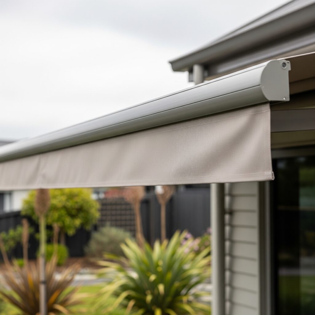 A close-up side view of an Mblinds retractable awning installed on a modern home, showing the weatherproof cassette and durable fabric texture.operation, sizes, and the 5-year warranty.
