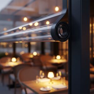 A detailed close-up of a rolled Mblinds clear PVC screen, reflecting the warm interior lights of an upscale restaurant.