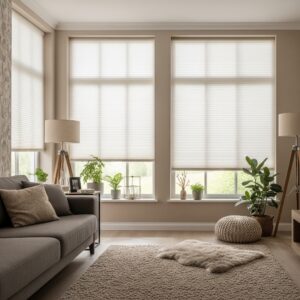 A bright living room with beige honeycomb blinds on the windows, featuring a grey sofa and potted plants.